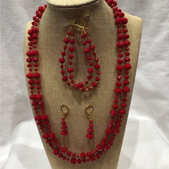 Elegant Vibrant Red Glass Beaded Necklace, Bracelet, & Earring Set - Picture 1 of 9